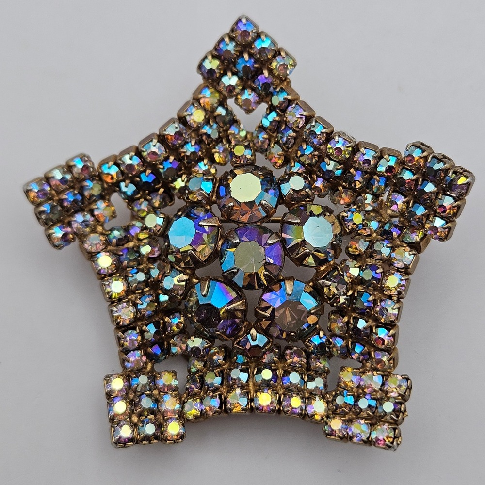 Vintage Aurora Borealis Rhinestone Star Brooch Gold Tone MCM Blue